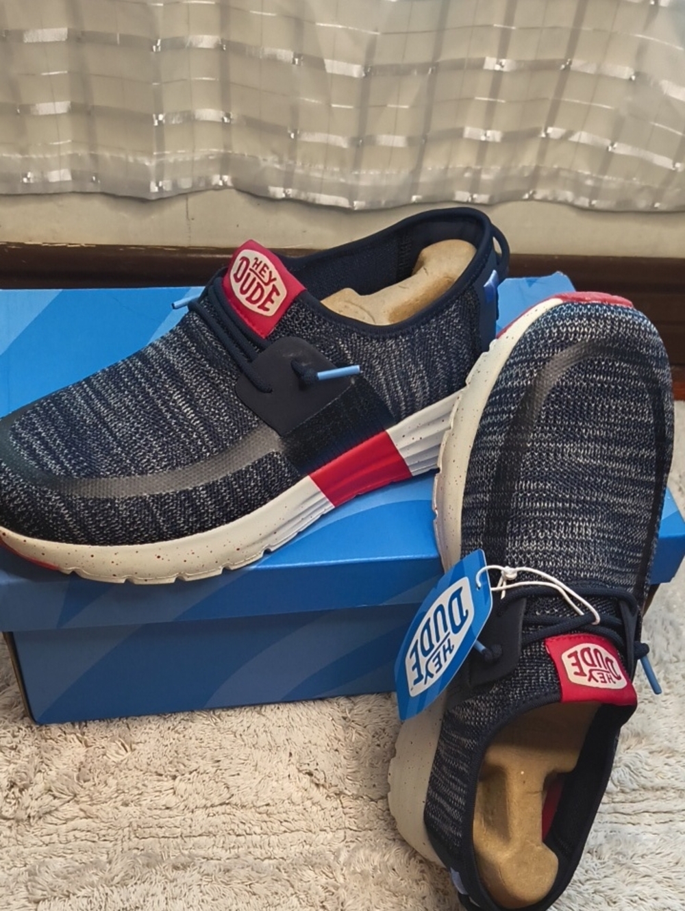 Hey Dude Men’s Navy Knit Slip-Ons with Red and White Midsole